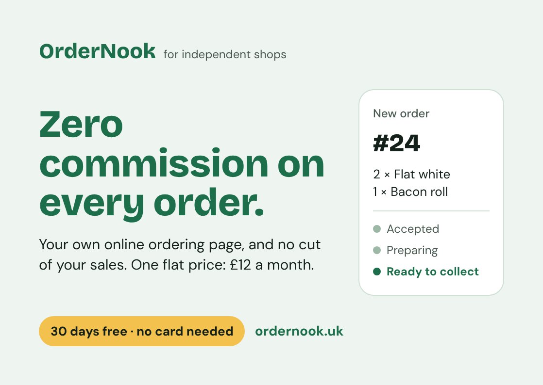 OrderNook postcard: Zero commission on every order. Your own online ordering page, and no cut of your sales. One flat price: £12 a month. 30 days free, no card needed.