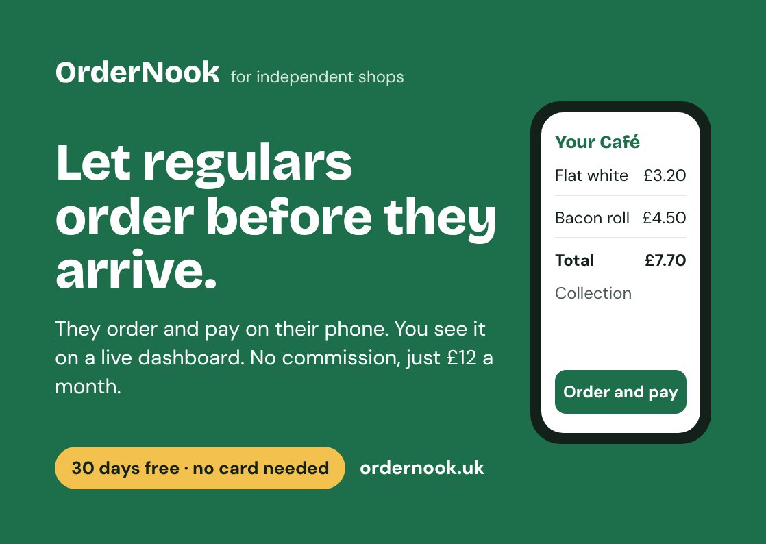 OrderNook postcard: Let regulars order before they arrive. They order and pay on their phone, and you see it on a live dashboard. No commission, just £12 a month.